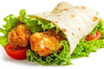 Crispy chicken tenders in a tortilla wrap with lettuce and tomato.