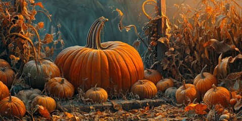 Pumpkin characteristics, autumn gathering of crops, artwork featuring pumpkins, and decorative elements related to the harvest season are highlighted.