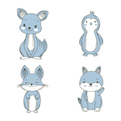 Set of Cute Blue Kangaroo Penguin Fox Animal Cartoon Character Vignetting