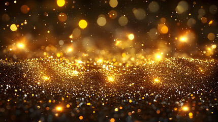 Fototapeta premium Golden Glitter Sparkles on a Dark Background with Soft Bokeh Lighting Effects
