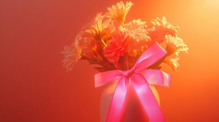Obraz premium A vase of colorful flowers with a pink ribbon against a warm backdrop.