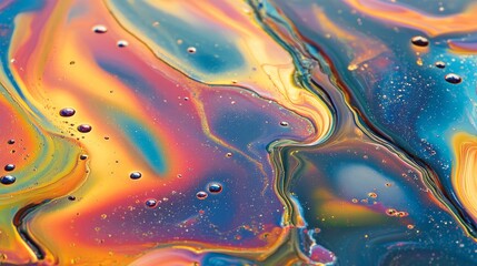 Multicolored spot gasoline creates an intriguing abstract background, resembling an oil spill on water. The vibrant hues of this abstract gasoline spot enhance the visual appeal of the composition.