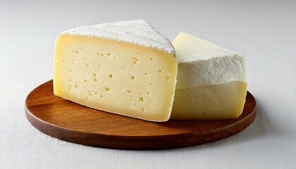 Piece of cured cheese, wedge of Manchego cheese on a white table