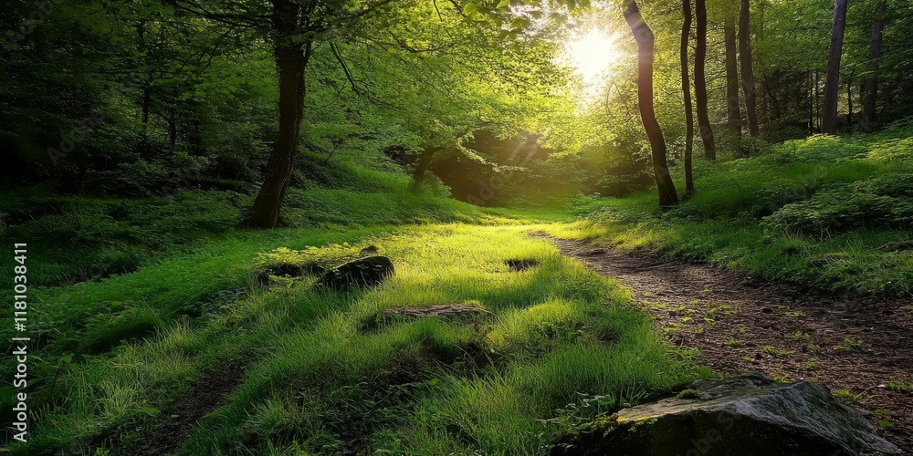 Poster sunlight filters through a dense canopy in a serene forest.