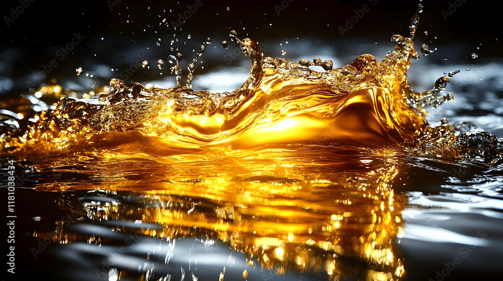 Aufkleber golden liquid splashing and making waves with reflection on a dark background.