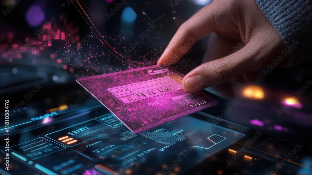 Poster a hand holds a digital card over a glowing interface, showcasing a futuristic, tech-inspired design 