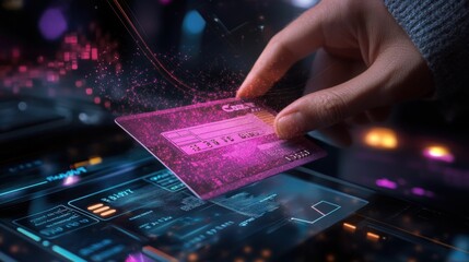 A hand holds a digital card over a glowing interface, showcasing a futuristic, tech-inspired design with vibrant colors and data elements.