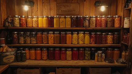 Wooden shelves filled with various jars of preserved food.
