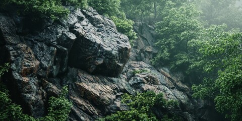 Obraz premium A rocky ledge adorned with lush forest growth, capturing the essence of nature and the beauty of the rocks intertwined with vibrant greenery in a serene environment.