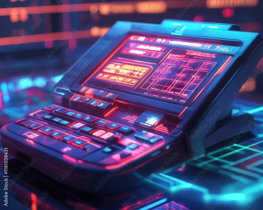Poster a futuristic control panel illuminated with vibrant colors, featuring various buttons and screens, s