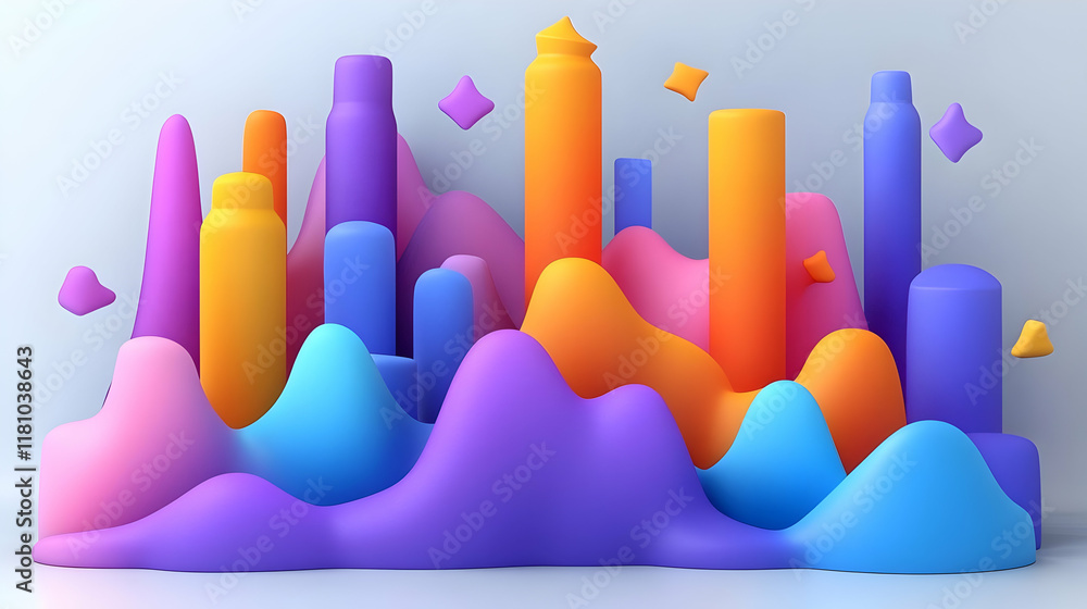 Poster 3d abstract landscape displays colorful shapes and smooth curves in a playful and dynamic compositio