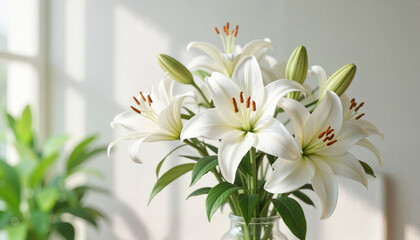 Obraz premium White lilies in a vase against a bright background