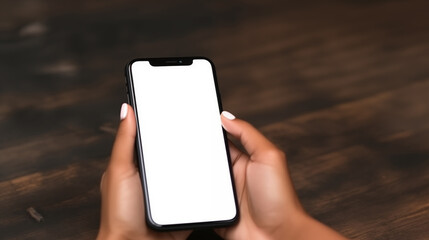 Person Holding Smartphone with Blank Screen on Wooden Table Background. Ai generative