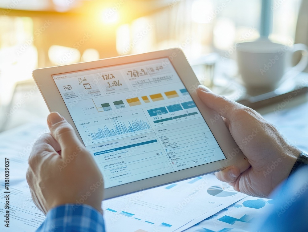 Poster a person using a tablet to analyze data and reports, with graphs and statistics visible, in a bright
