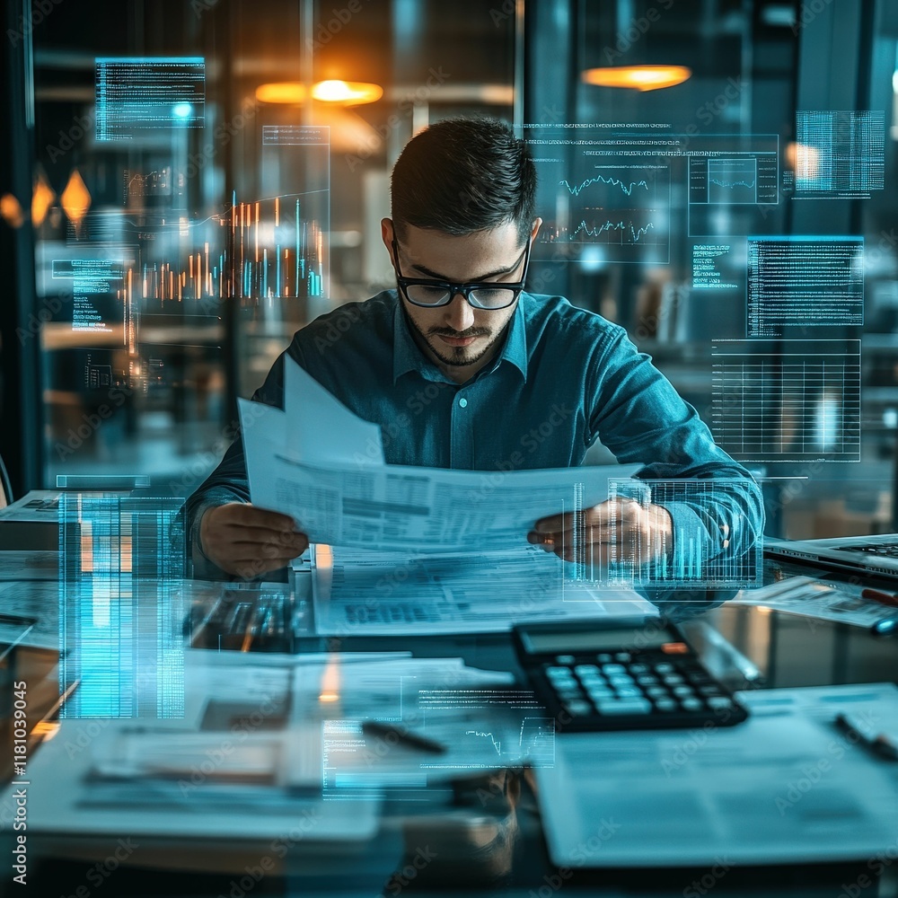 Aufkleber a focused professional analyzes documents with digital data overlay, highlighting the intersection o