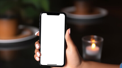 Person Holding Smartphone with Blank Screen on Wooden Table Background. Ai generative