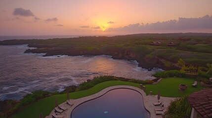 Naklejka premium Oceanfront pool at sunset, coastal landscape, luxury resort, Hawaii.