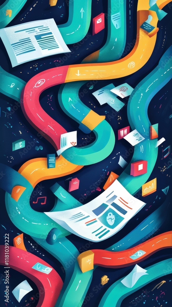 Poster a vibrant, abstract illustration depicting colorful pathways and floating documents, symbolizing dat
