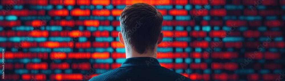Aufkleber a person stands in front of a vibrant, illuminated wall of digital patterns, suggesting a theme of t