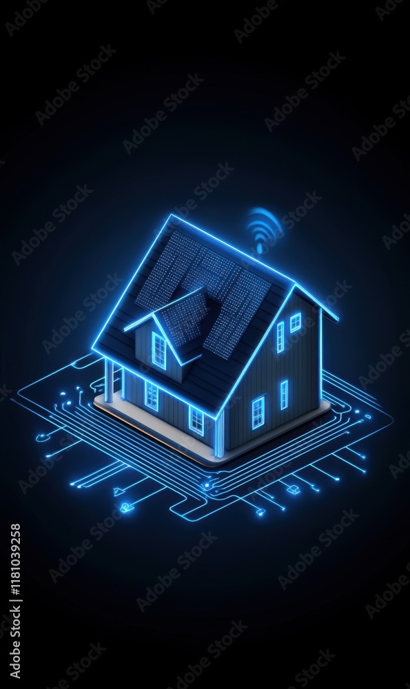Poster smart home technology concept with blue circuit board and wireless signal representation in dark bac