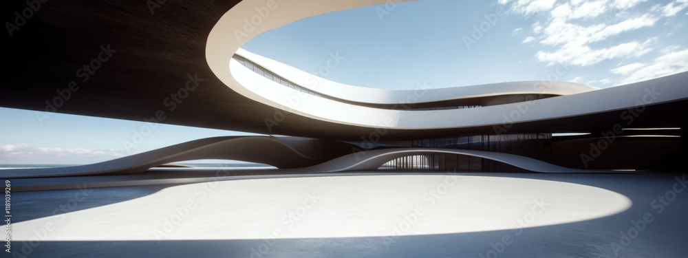 Poster an abstract building featuring open space and innovative design elements.