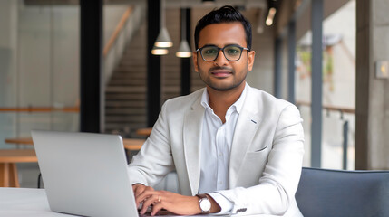 Obraz premium A South Asian businessman in a crisp white shirt and blazer, working on a laptop in a minimalist co-working space.