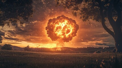 Nuclear explosion depicted in an outdoor setting, highlighting the urgent need for environmental protection and raising awareness about the dangers associated with nuclear energy.