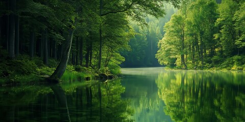 Fototapeta premium Tranquil evening at a green forest by a serene lake coast, where the lush greenery of the green forest meets the calm waters, creating a peaceful atmosphere perfect for reflection.