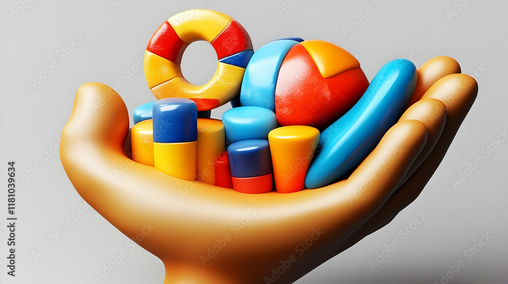 Poster 3d hand holds colorful charts and graphs symbolizing data analysis and business strategy