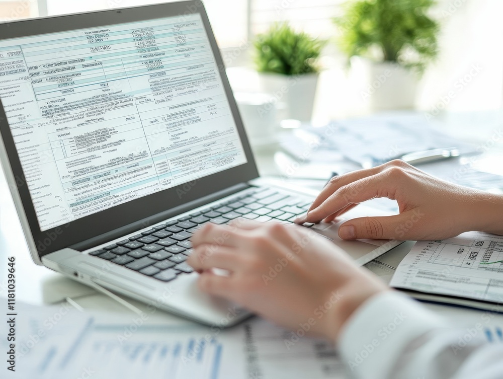 Poster a person is typing on a laptop displaying data sheets, surrounded by papers and plants, indicative o