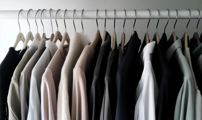 A neatly organized rack of various clothing items in different colors.