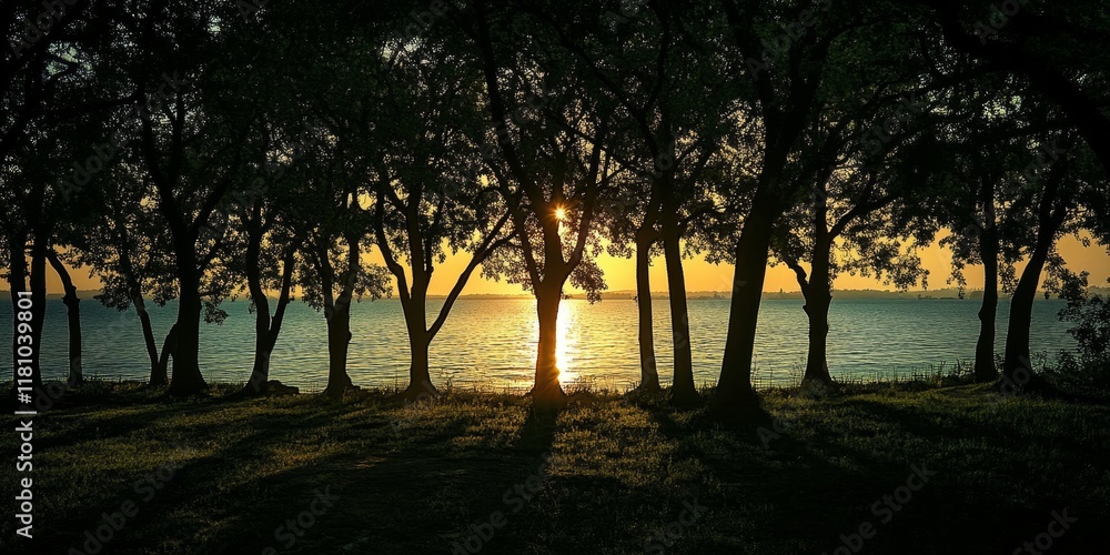 Poster silhouettes of trees create a captivating evening scene as the fading light casts stunning shadows, 