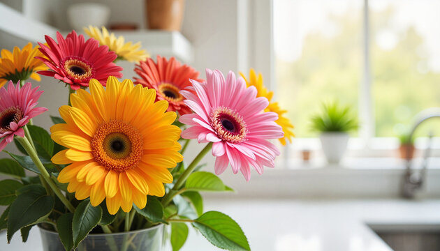 Colorful gerbera daisies in vase against bright kitchen background