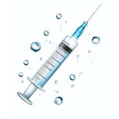 Medical Syringe with Fluid and Droplets on a Clear Background