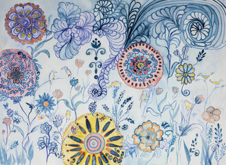 Blue mood garden with birds and flowers. The dabbing technique near the edges gives a soft focus effect due to the altered surface roughness of the paper.