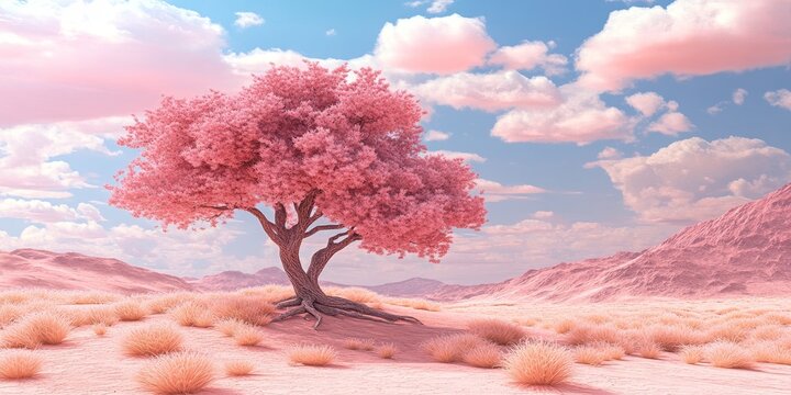 Aenium Tree in a desert landscape featuring unique flora, highlighting the striking characteristics of the Aenium Tree amidst the arid environment of a rose colored desert.