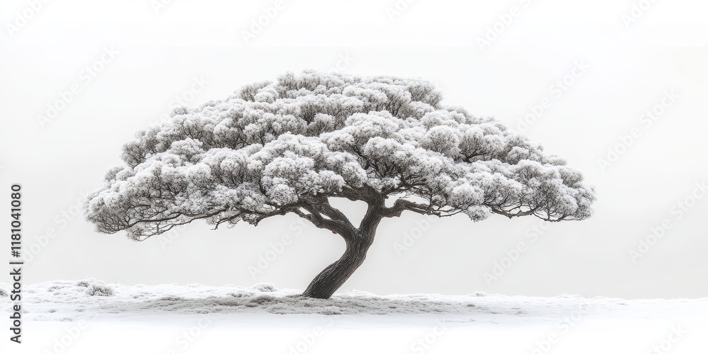 Poster unique shaped albiso tree stands out against a white sky background, showcasing the distinct feature