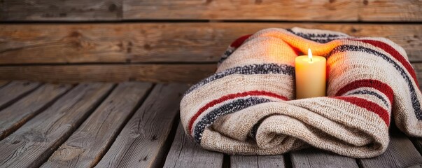 Romance embrace concept. A cozy candle wrapped in a soft blanket, creating a warm and inviting atmosphere.