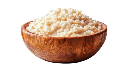 Cooked oatmeal in a wooden bowl close up, created with Generative AI technology, PNG