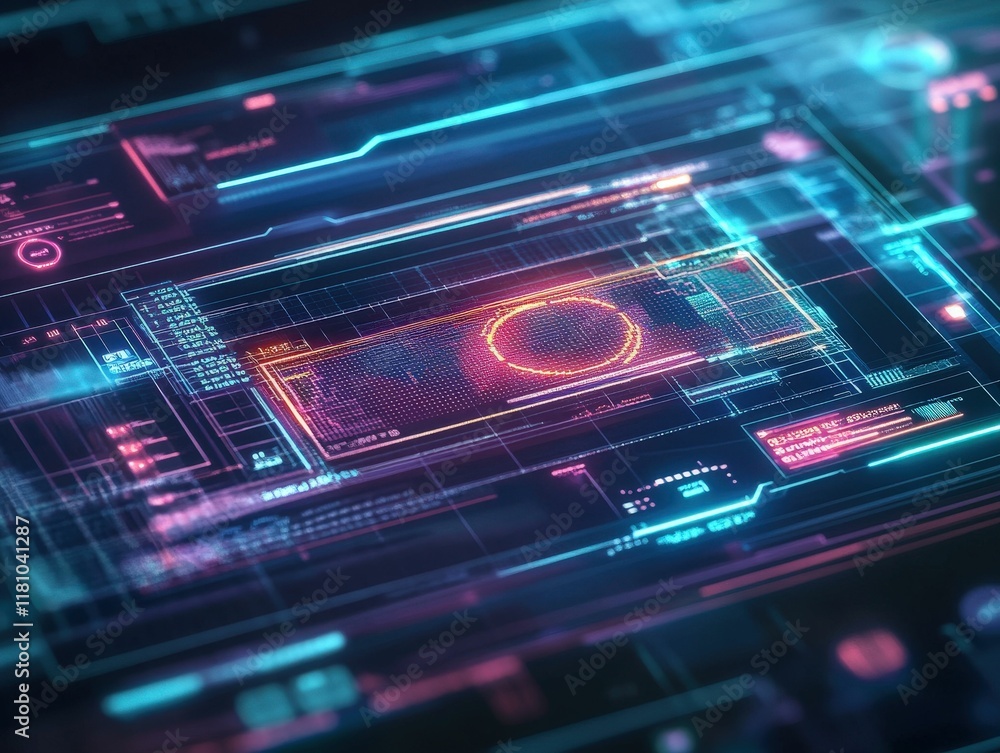 Aufkleber a vibrant, abstract digital interface featuring neon colors and complex patterns, suggesting advance