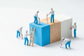 Miniature people artistically enhancing wooden block designs.