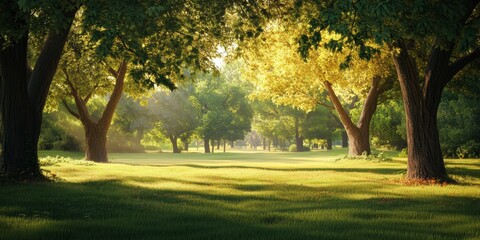 Naklejka premium Summer in nature features warm trees, creating a serene atmosphere that showcases the beauty of nature. These vibrant trees enhance the essence of summer and the charm of nature.