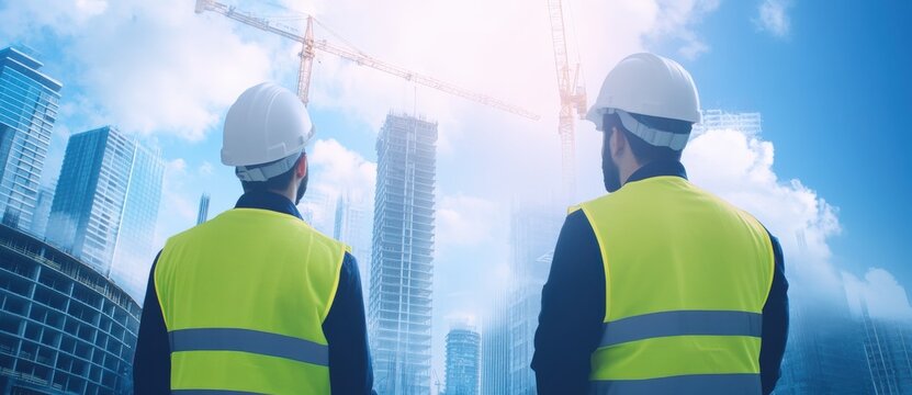rear view of professional engineer manager standing concentrate focus multi exposure with building construction industry background construstion engineer concept