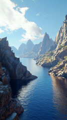 Obraz premium Majestic cliffs rise above tranquil blue sea, showcasing rocky textures
