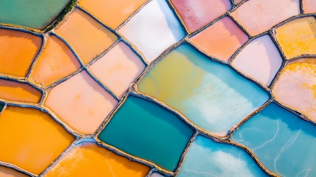 Aerial view of salt ponds showcasing the unique patterns and vibrant colors of salt ponds, highlighting the natural beauty and ecological significance of these salt ponds.