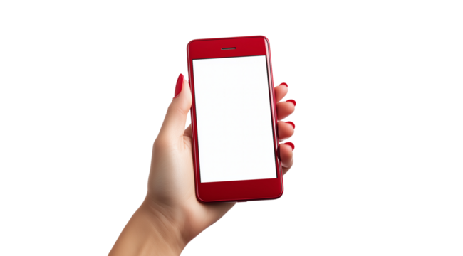 PNG, Gadget, smartphone in hand, isolated on white background, generated by Generative AI technology.