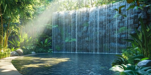 Lively Water Backdrop Featuring Contemporary Technology. A dynamic water setting showcases cutting edge technological elements, merging nature with modern advancements effectively.