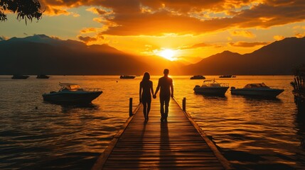Fototapeta premium Sunset Stroll by the Lake with Boats and Scenic Mountain View