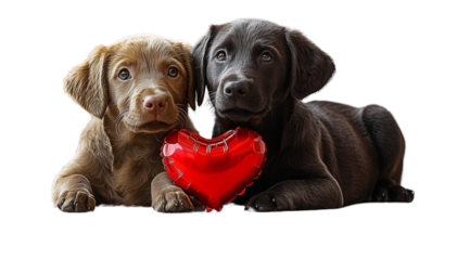 Valentine's Day, puppies and a red heart-shaped balloon close up, created with Generative AI technology, PNG