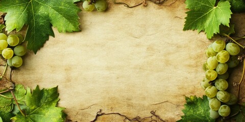 Vintage wine list menu featuring green grape leaves on aged blank paper. This textured old parchment serves as a unique template with grapevine motifs for your presentation of alcoholic beverages.